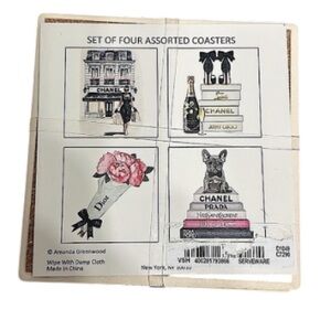 Set of 4 Coasters Amanda Greenwood Chanel J Choo Dior NWT 4”x4”
